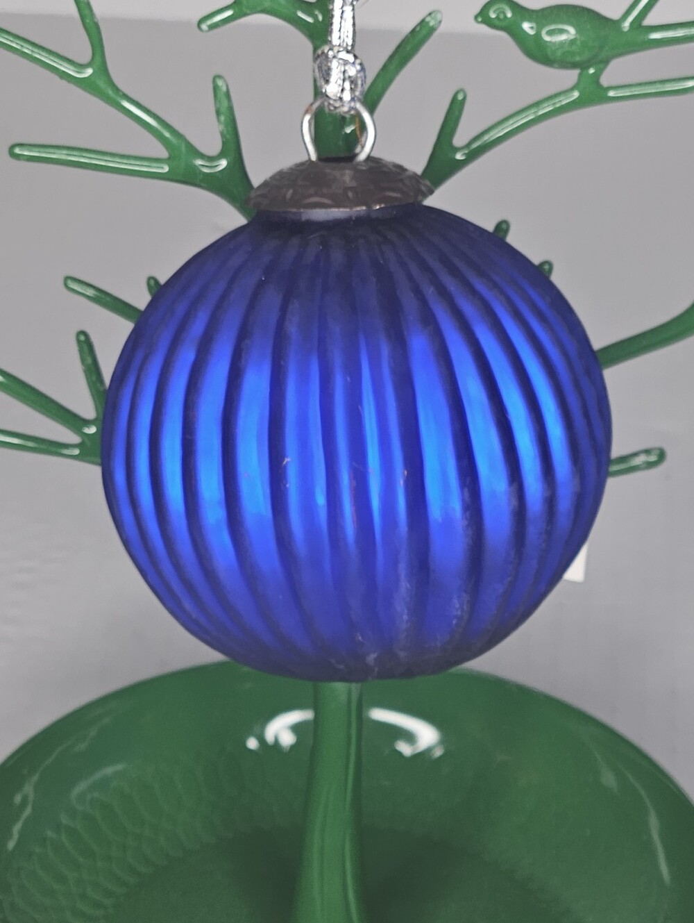 KUGEL MIDWEST Cobalt Blue Glass Style Ribbed Ornament Brass Cap NWT